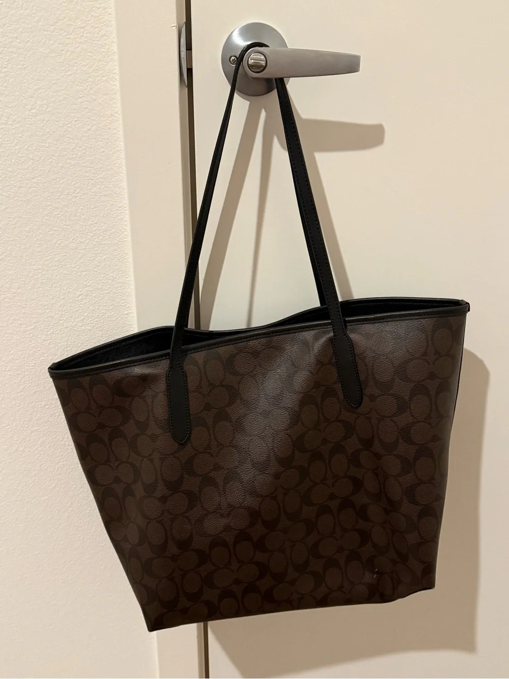 Coach Brown Logo Canvas Tote with Black Straps and Cherry Charm